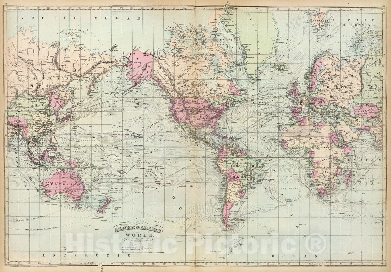 World on Mercator Projection - Railroad Map, 1874 - Historical Map Print