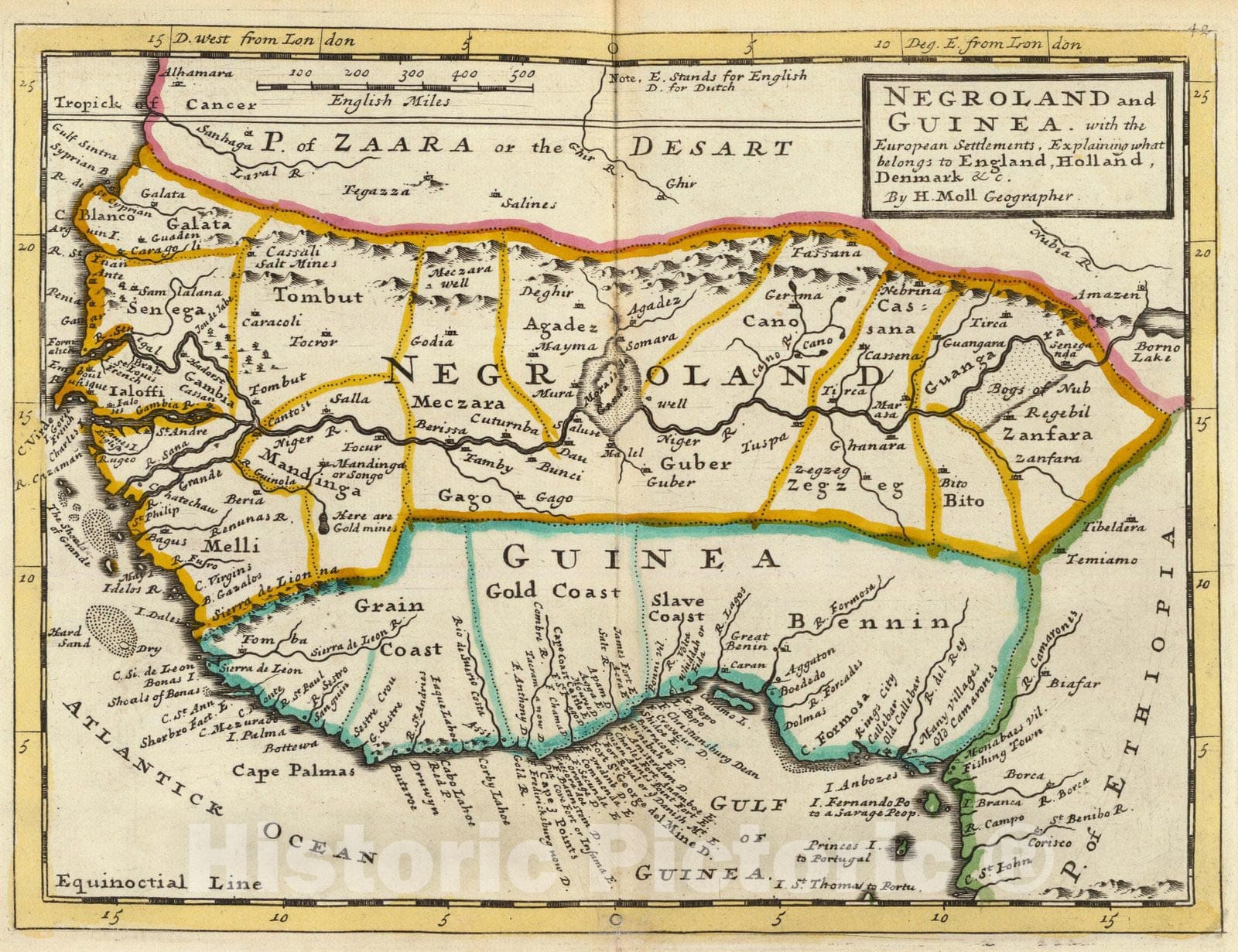 Negroland and Guinea, West Africa - Historical Map Print, 1736