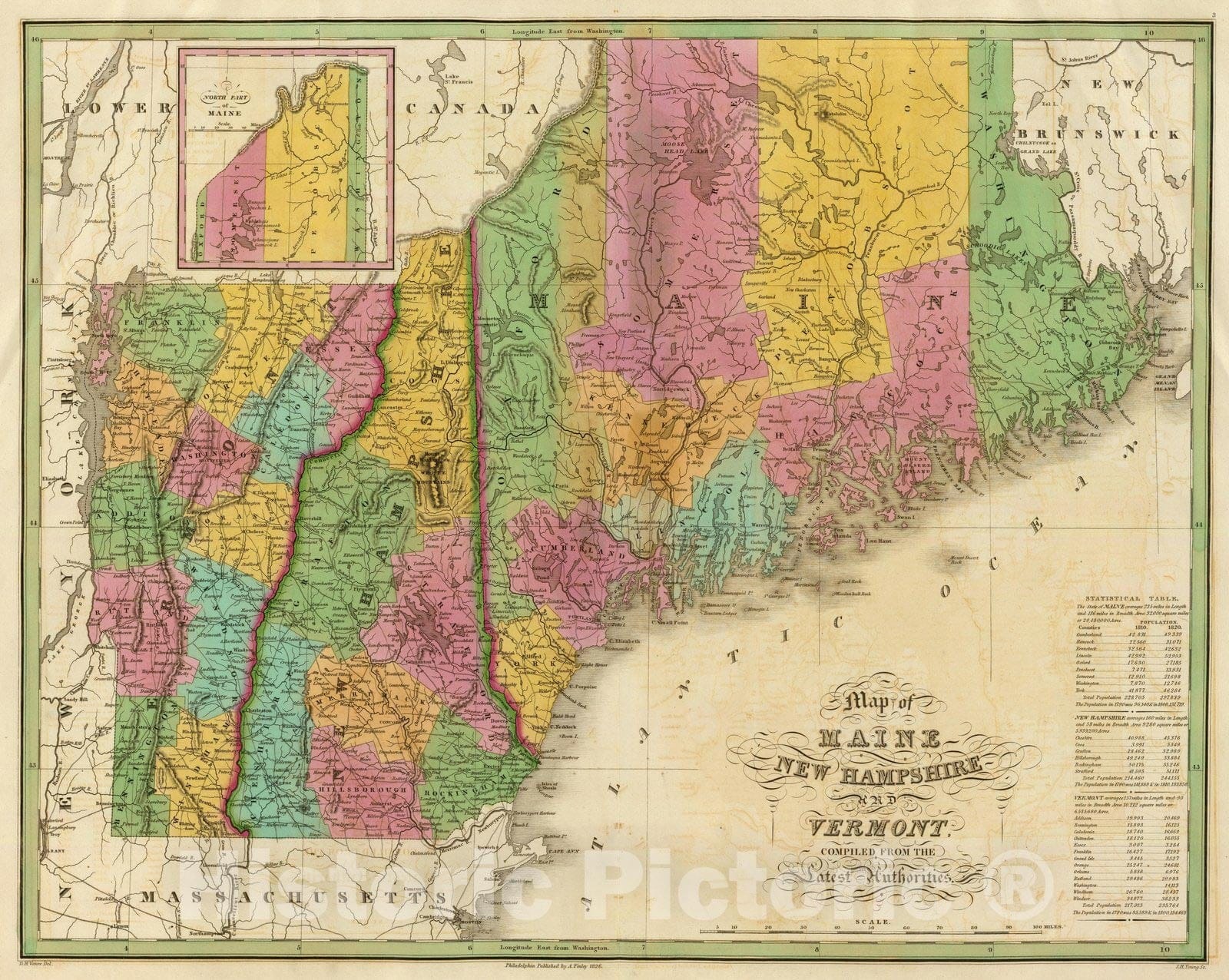 Historic Map : Map of Maine New Hampshire And Vermont, 1826 - Vintage Wall Art