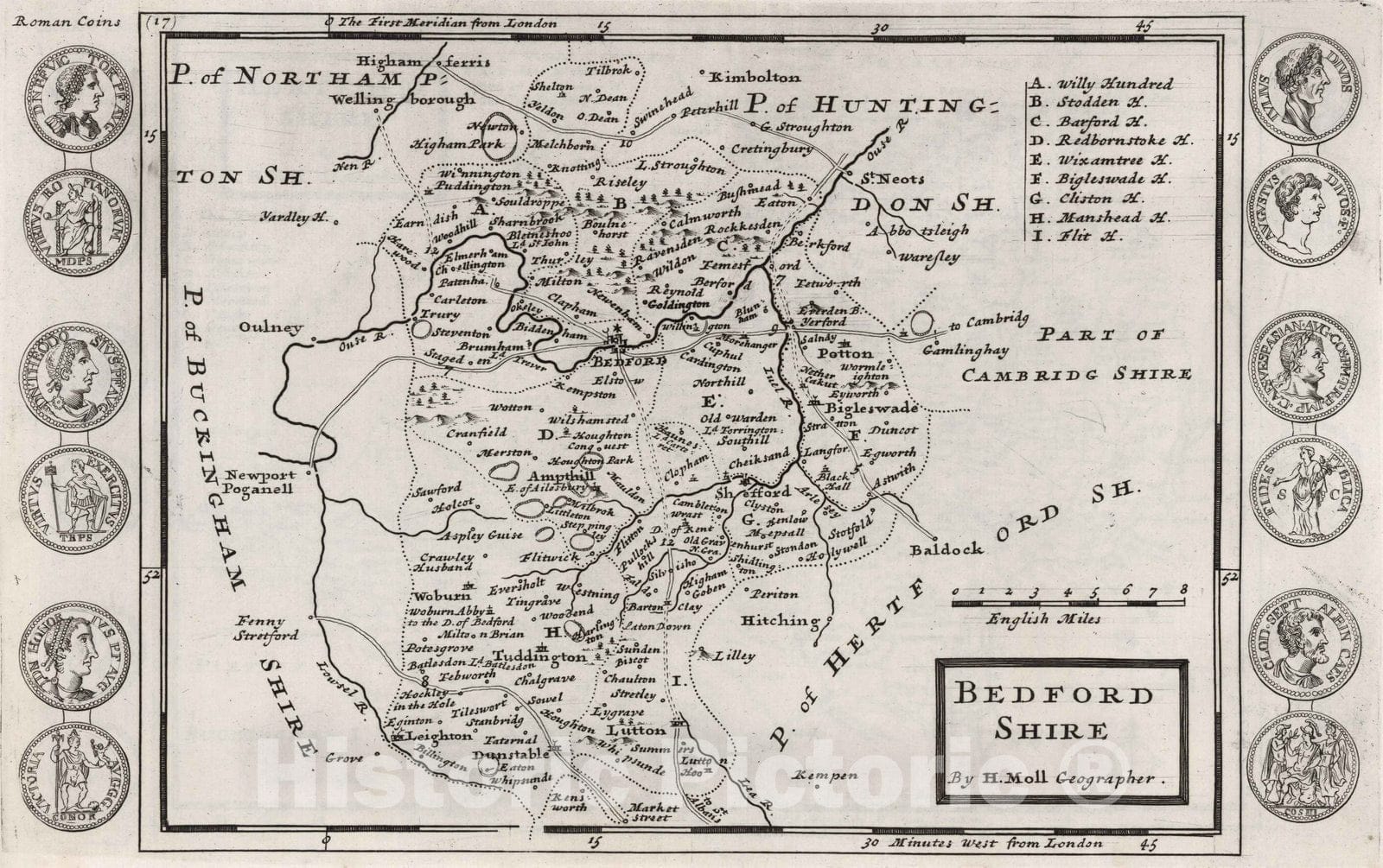 Bedfordshire, England - Road Map, 1724 by Herman Moll