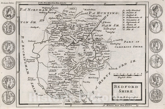 Historic Map : Bedford Shire. By H. Moll Geographer 1724 - Vintage Wall Art