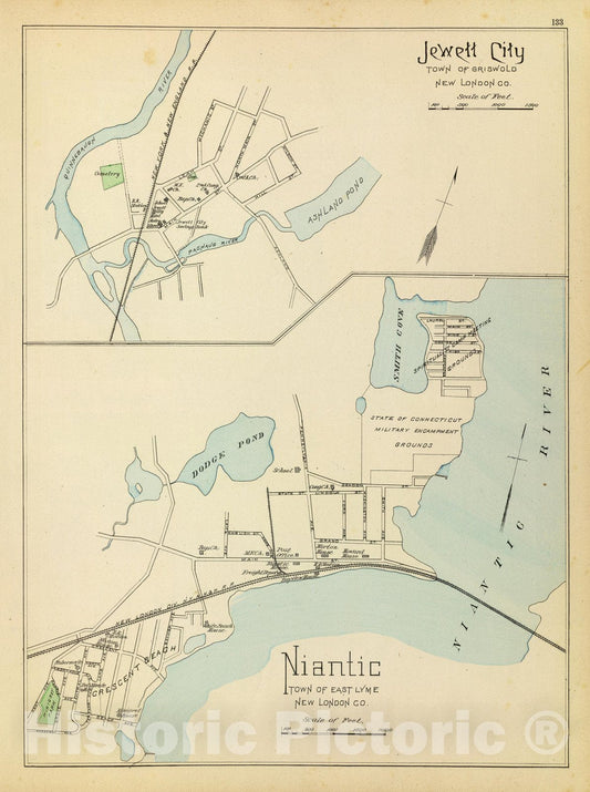 Historic Map : State Atlas Map, Niantic, Jewett City. 1893 - Vintage Wall Art