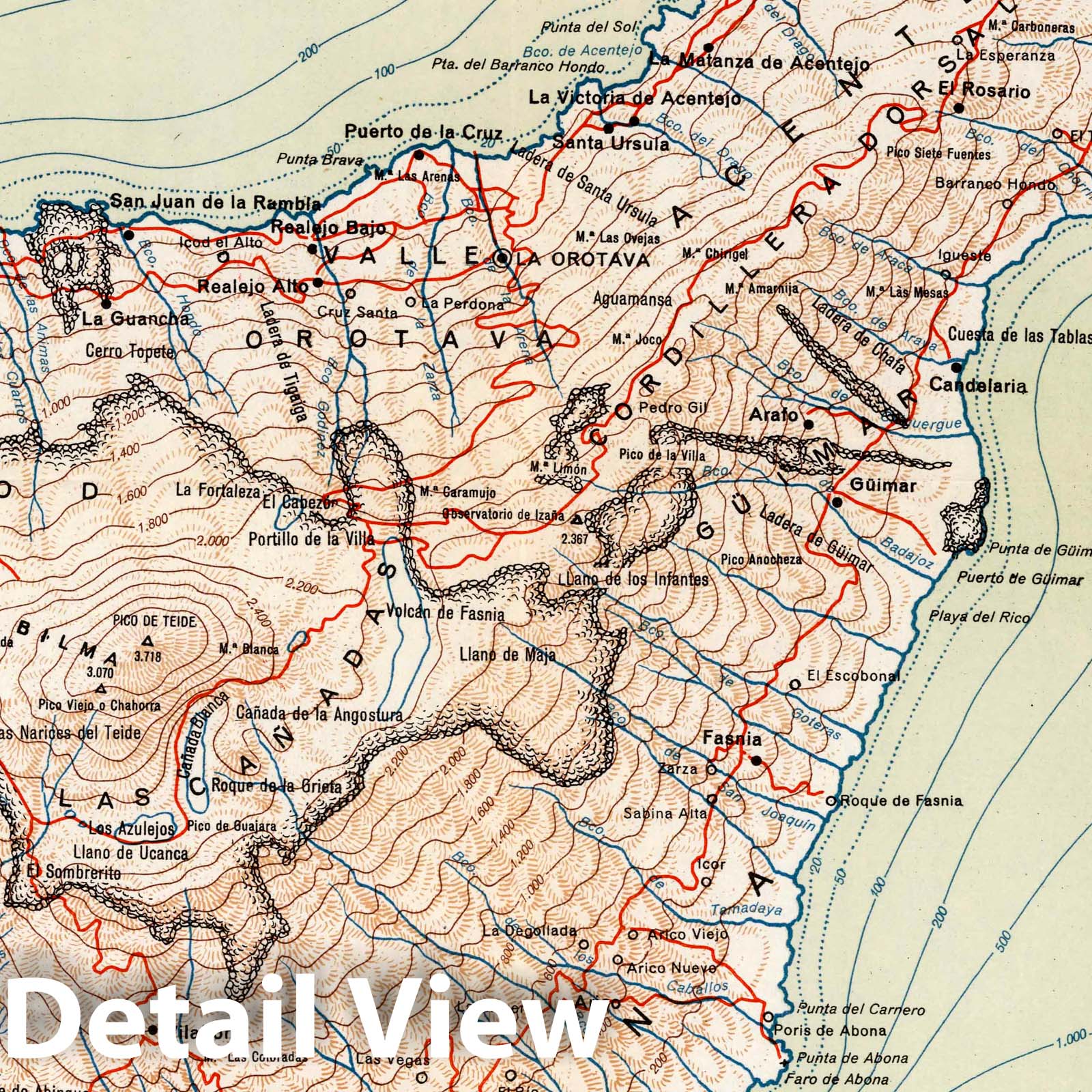 Tenerife, Canary Islands - Physical Map, 1953 - Historical Map Print