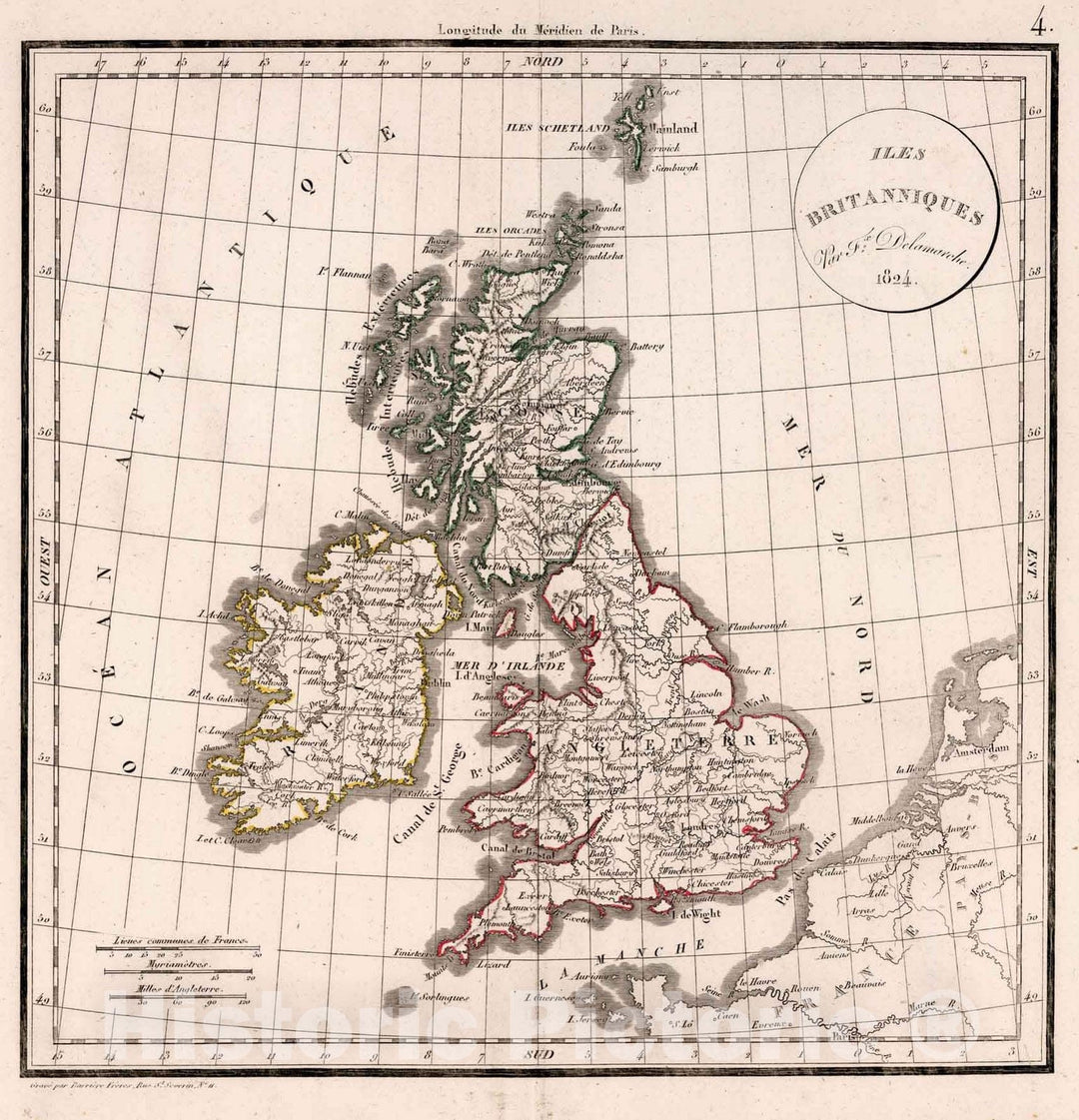 Historic Map : England, British IslesIles Britanniques 1824. 1824 , Vintage Wall Art