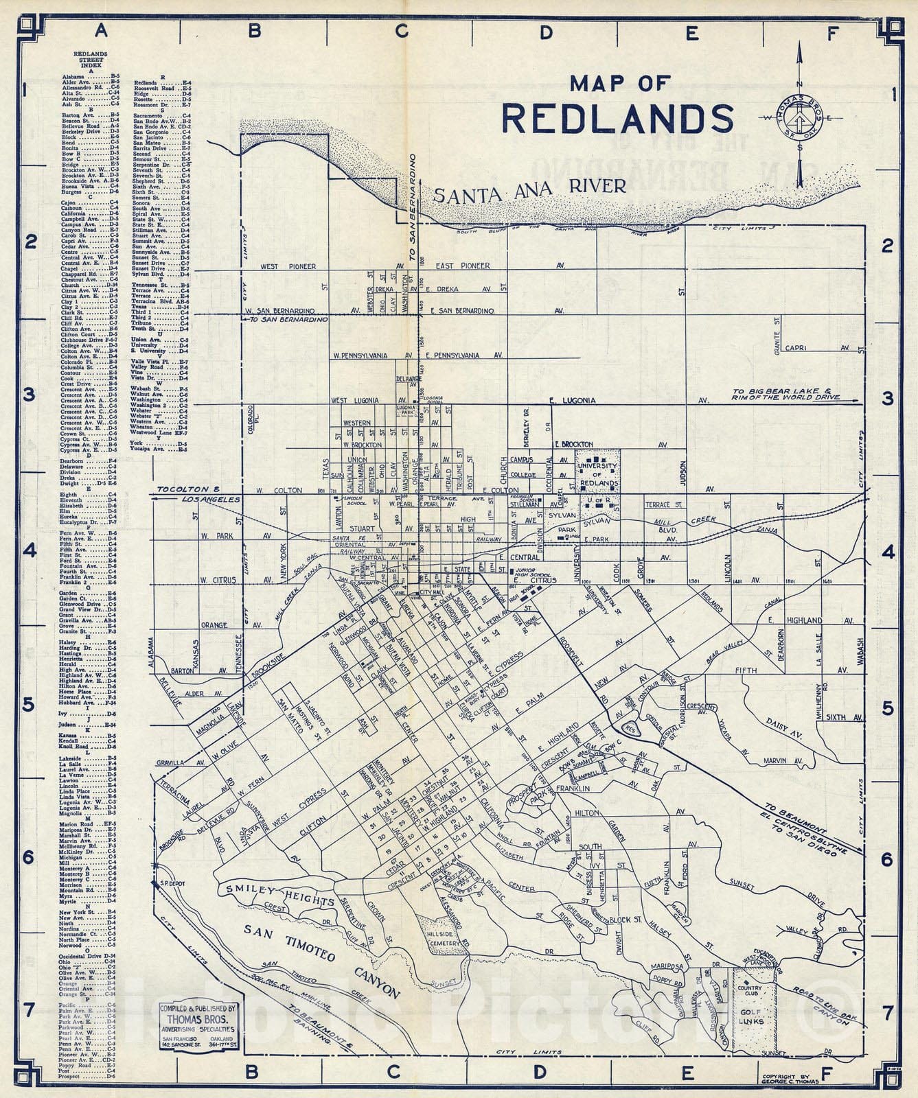 Map of Redlands, California, 1938 - Vintage Wall Art