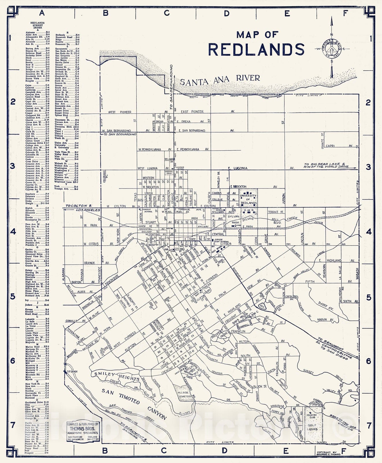 Map of Redlands, California, 1938 - Vintage Wall Art