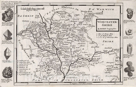 Historic Map : Worcester Shire. By H. Moll Geographer 1724 - Vintage Wall Art