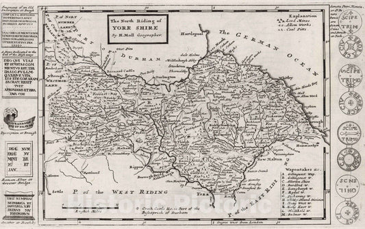 Historic Map : The North Riding of York Shire. By H. Moll Geographer 1724 - Vintage Wall Art
