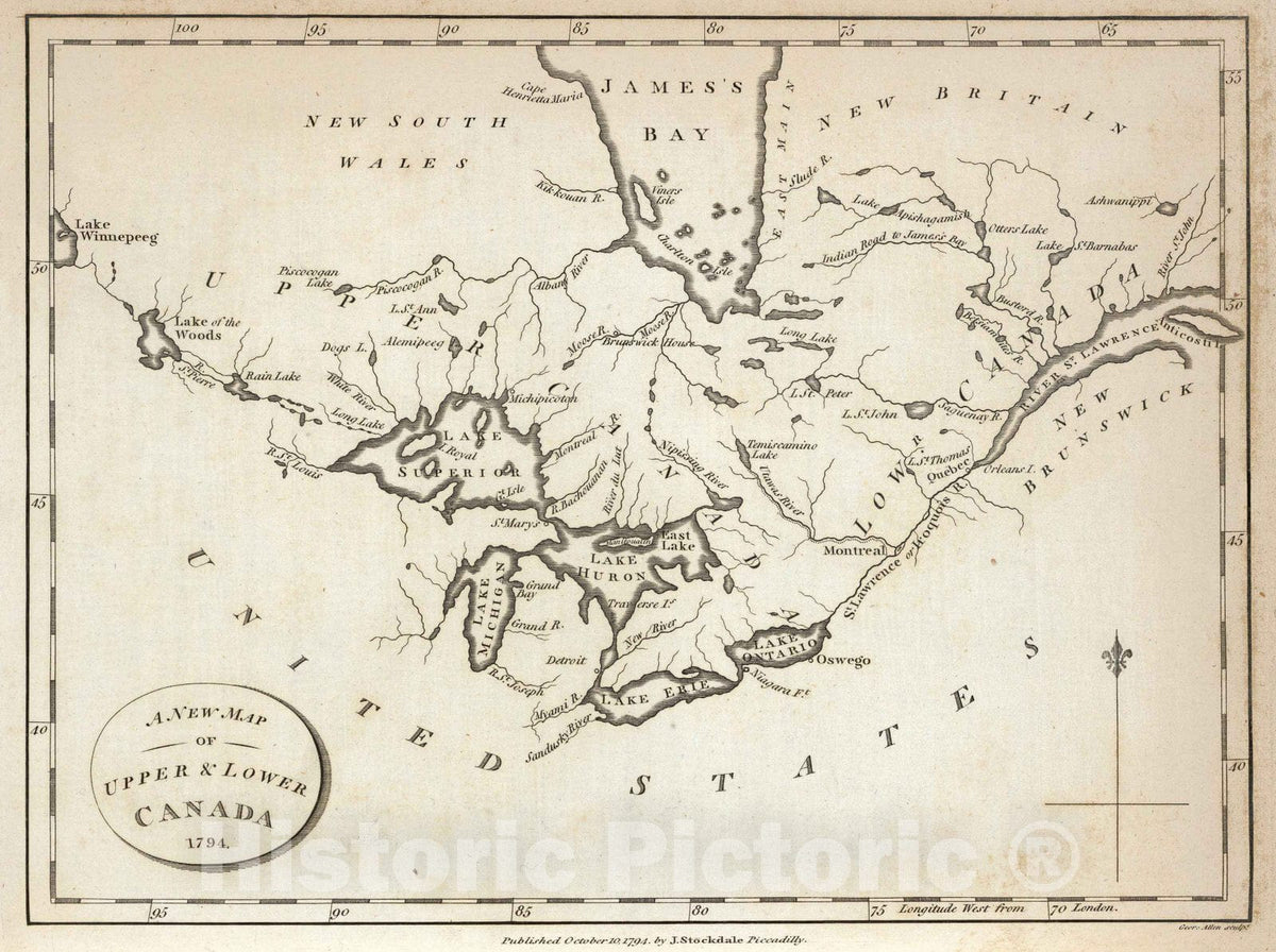 Historic Map : New Map of Upper & Lower Canada, 1794 - Vintage Wall Art