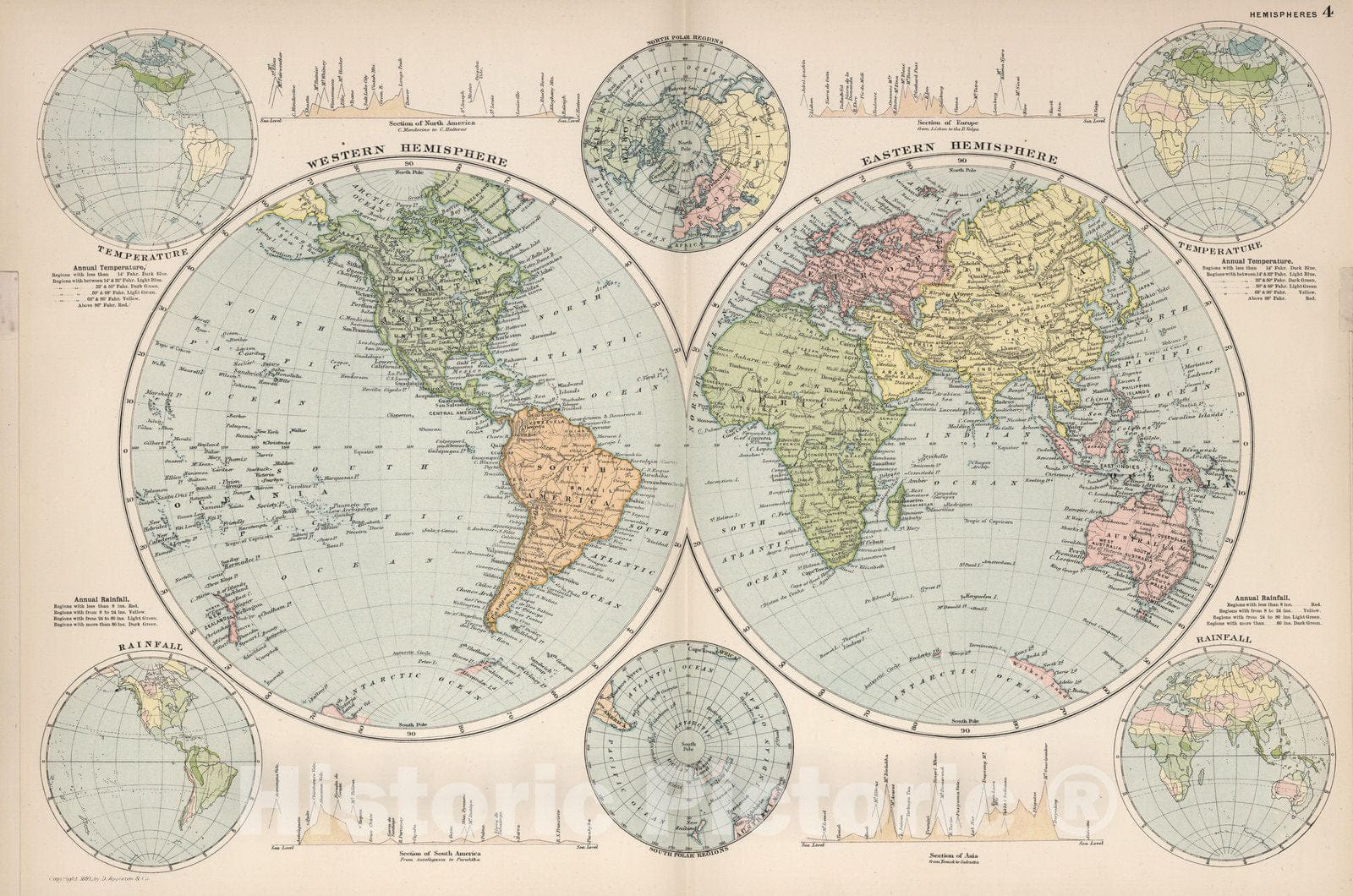 Historic Map : World Atlas Map, Hemispheres. 4 1892 - Vintage Wall Art
