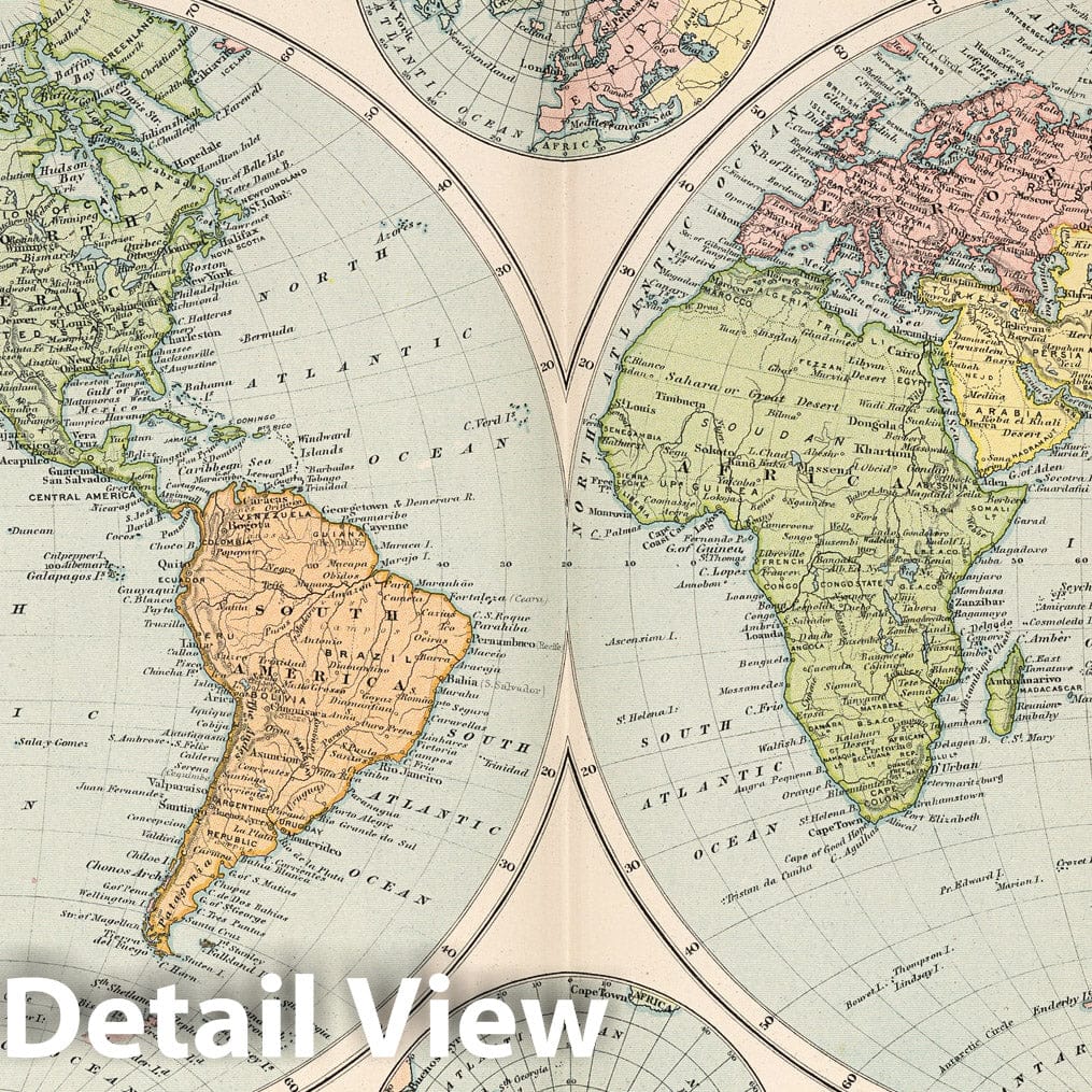 Eastern and Western Hemispheres, 1892 - Historical Map Print