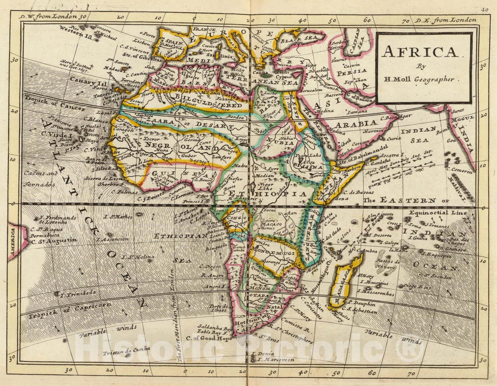 Africa - River Map, 1736 by Herman Moll - Historical Map Print