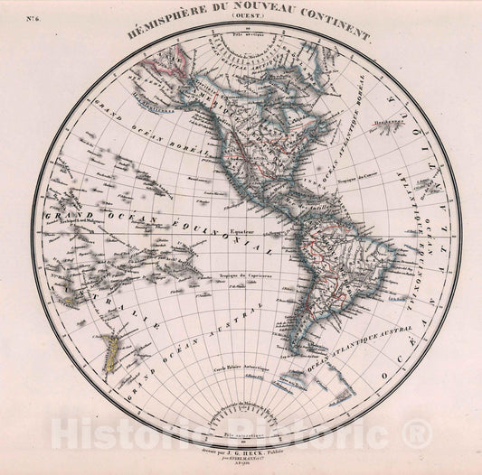 Historic Map : World Atlas Map, 6. Hemisphere du Nouveau Continent (Ouest). 1834 - Vintage Wall Art
