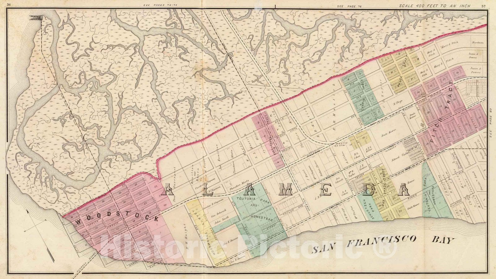 Historic Map : Alameda (Calif), California, Official and historical atlas map of Alameda County, California, County Atlas Map, Alameda west. 1878 , Vintage Wall Art