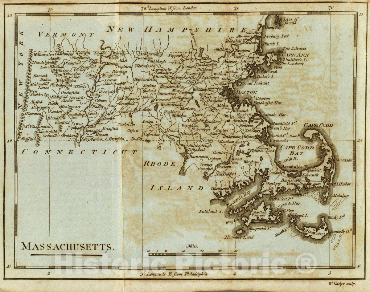 Historic Map : Massachusetts. W. Barker sculp. 1796 - Vintage Wall Art