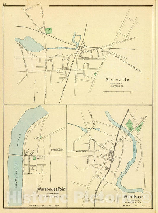 Historic Map : State Atlas Map, Plainville, Warehouse Pt, Windsor. 1893 - Vintage Wall Art
