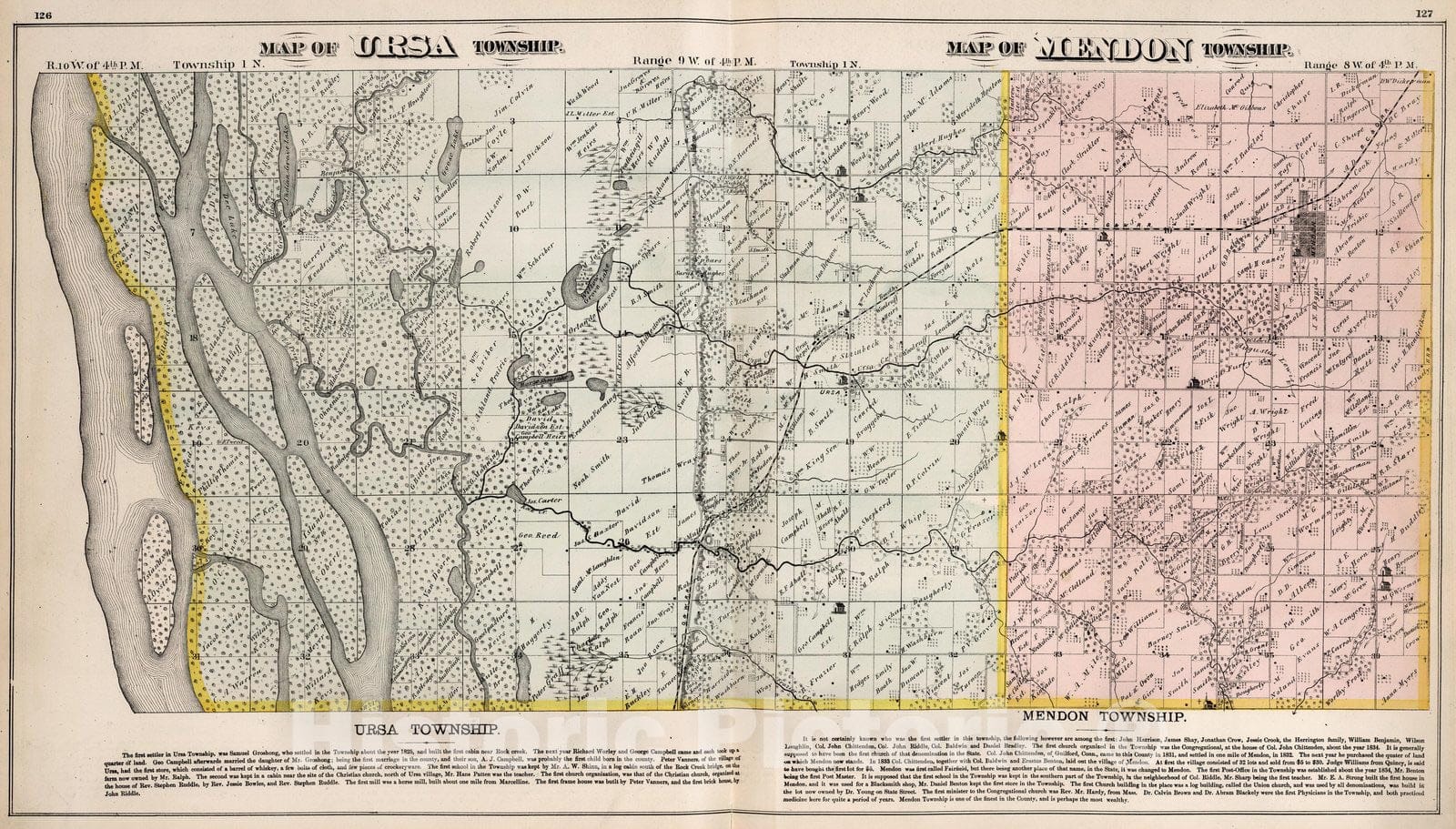 Historic Map : County Atlas Map, Ursa and Mendon Townships, Adams County, Illinois. 1872 - Vintage Wall Art