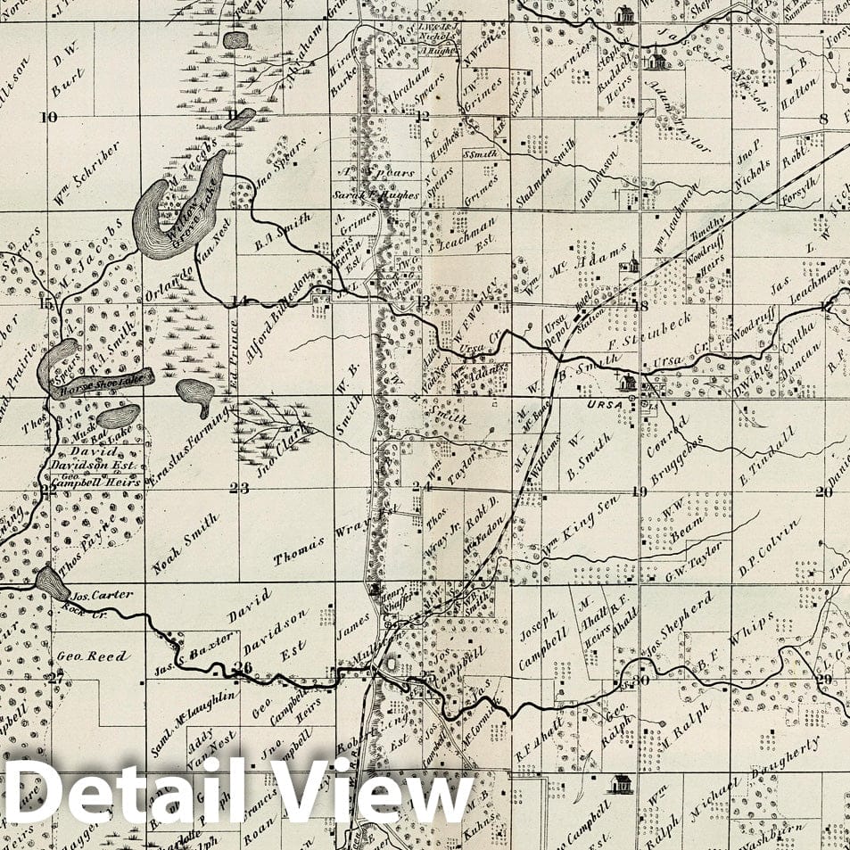 Historic Map : County Atlas Map, Ursa and Mendon Townships, Adams County, Illinois. 1872 - Vintage Wall Art