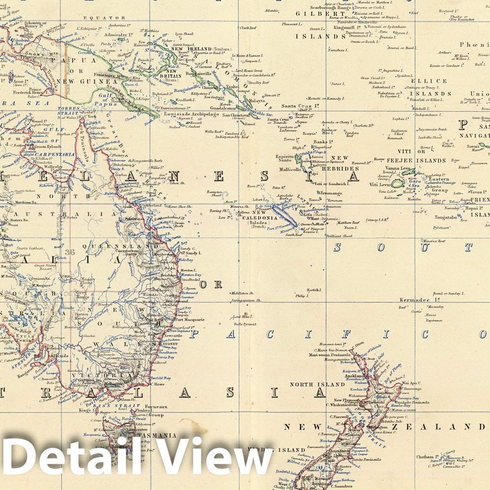 Oceania, Australia, Tasmania and New Zealand - Boundary Map, 1861 - Historical Map Print