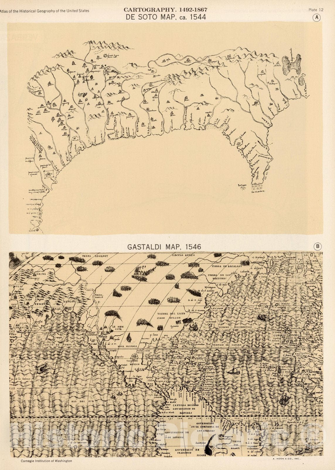 Historic Map : Plate 12. Facsimile Cartography 1492-1867. De Soto Map ca. 1544. Gastaldi Map, 1546, 1546 - Vintage Wall Art