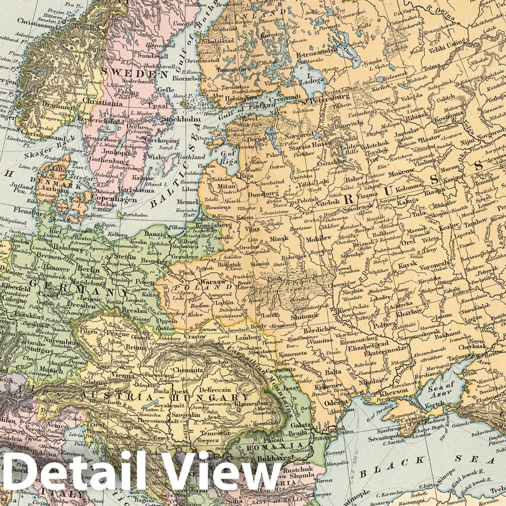 Europe - River Map, 1892 - Historical Map Print