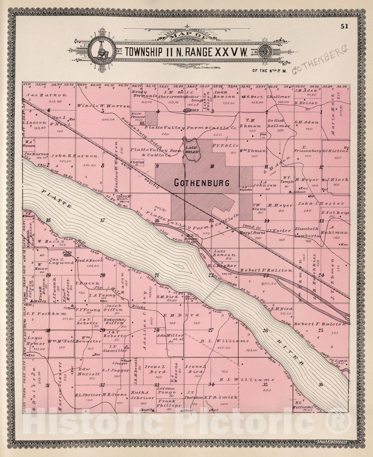 Historic Map : Dawson County Nebraska, County Atlas Map, Township 11 N. Range XXV W. 1904 - Vintage Wall Art