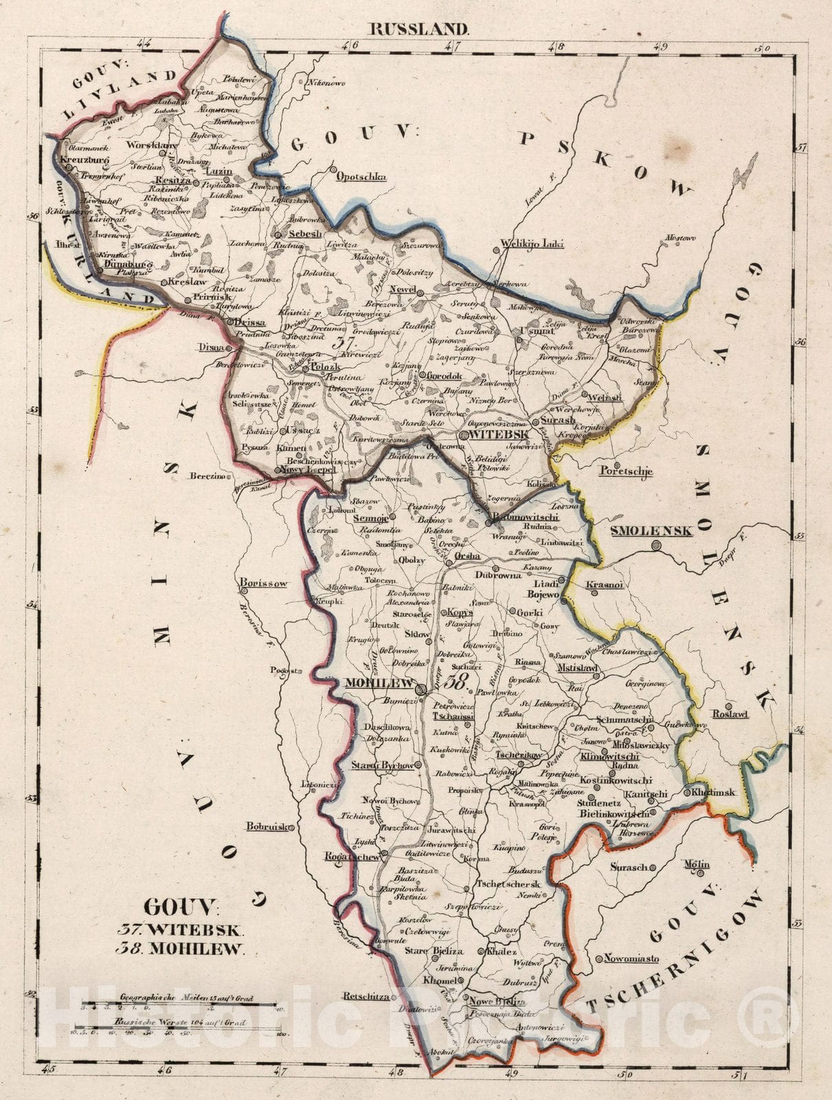 Historic Map : Russia, V.3:11-15:XIII. Russland. Gouv: 37. Witebsk. 38. Mohilew 1829 , Vintage Wall Art