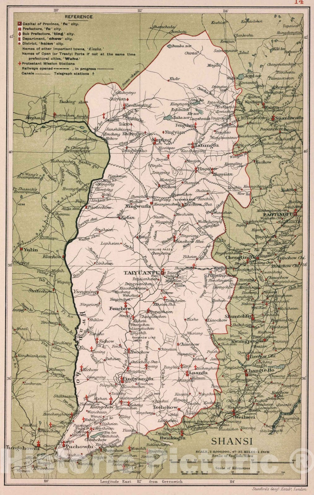 Historic Map : Shansi. Stanford's Geographical Establishment 1908 - Vintage Wall Art