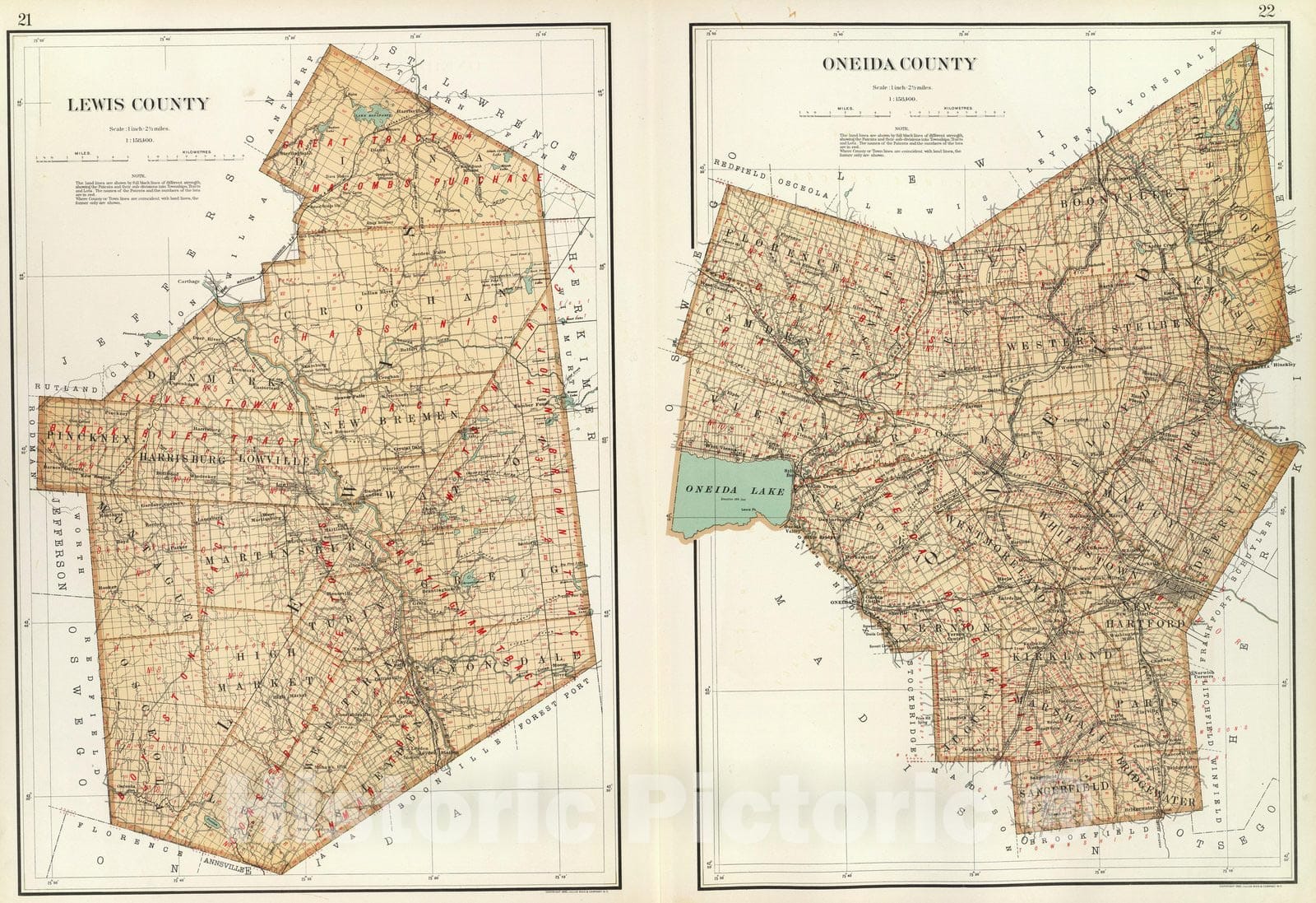 Historic Map : State Atlas Map, Lewis, Oneida counties. 1895 - Vintage Wall Art
