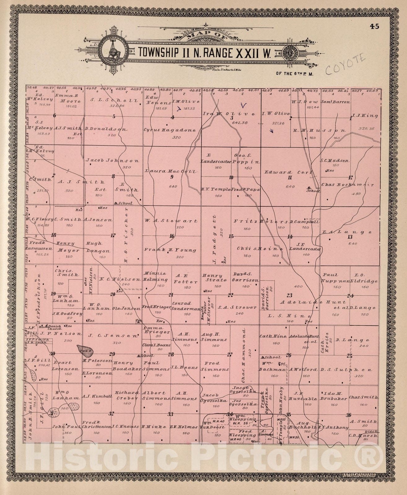 Historic Map : Dawson County Nebraska, County Atlas Map, Township 11 N. Range XXII W. 1904 - Vintage Wall Art