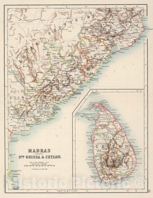 Historic Map : 12: Madras (North), South Orissa and Ceylon 1894 - Vintage Wall Art