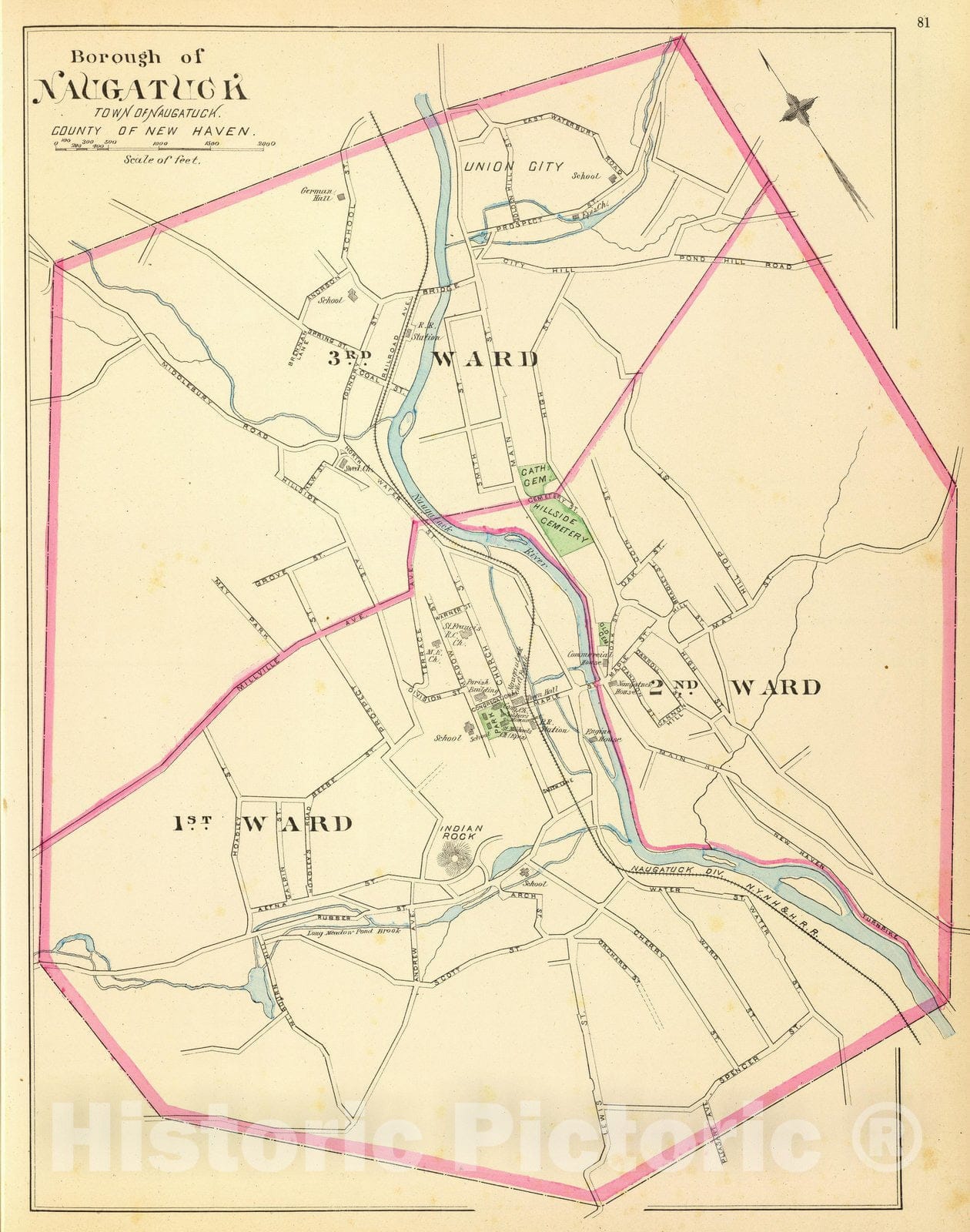 Historic Map : State Atlas Map, Naugatuck. 1893 - Vintage Wall Art
