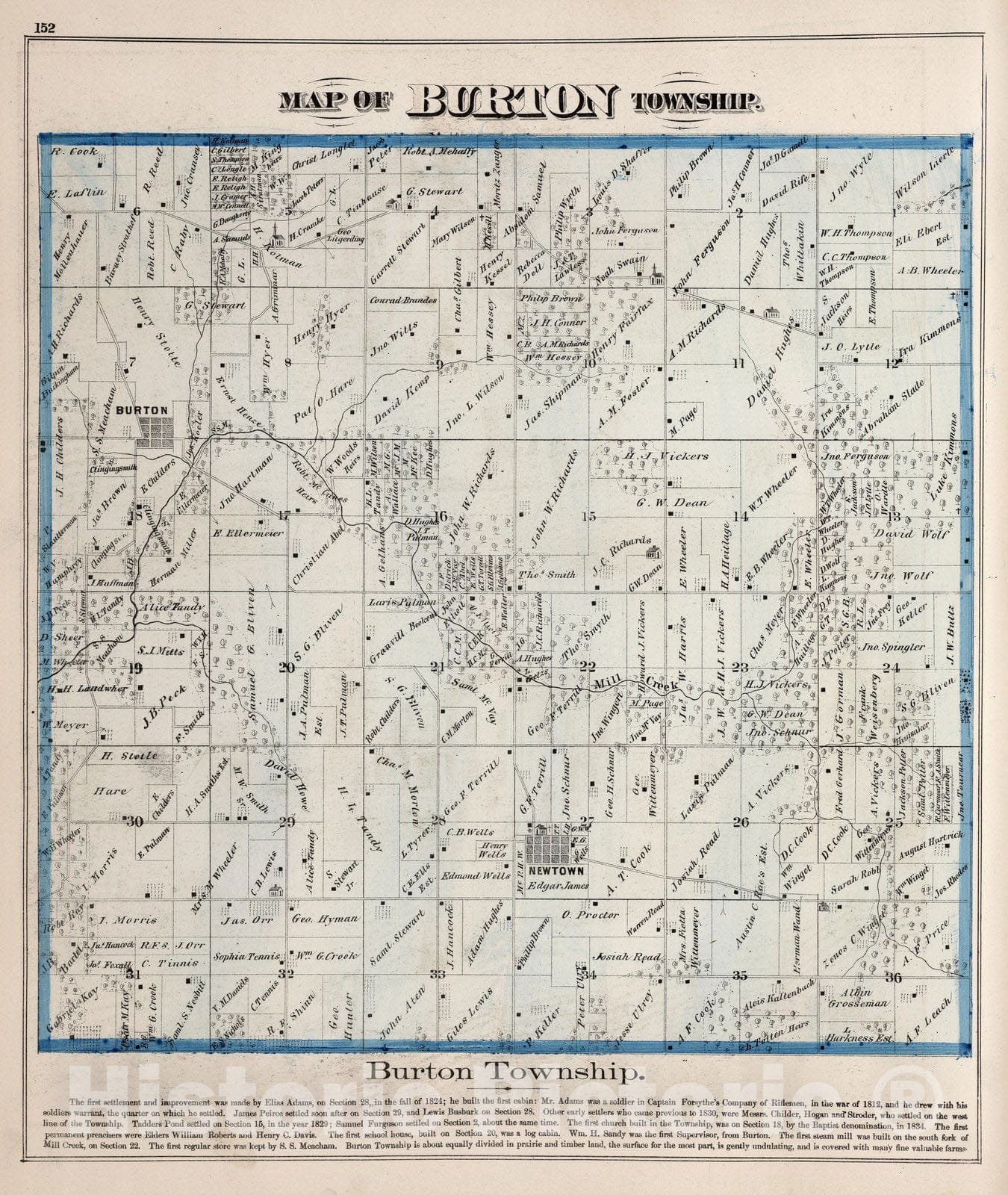 Historic Map : County Atlas Map, Burton Township, Adams County, Illinois. 1872 - Vintage Wall Art