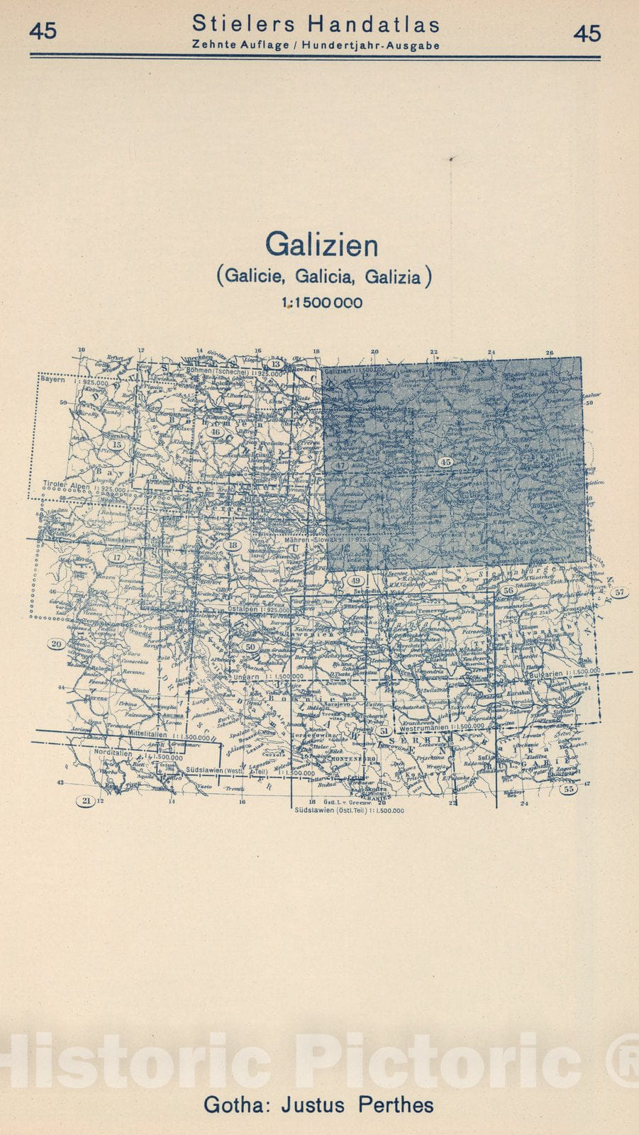 Historic Map : Index Map: 45. Galizien. Galicia, 1925 - Vintage Wall Art