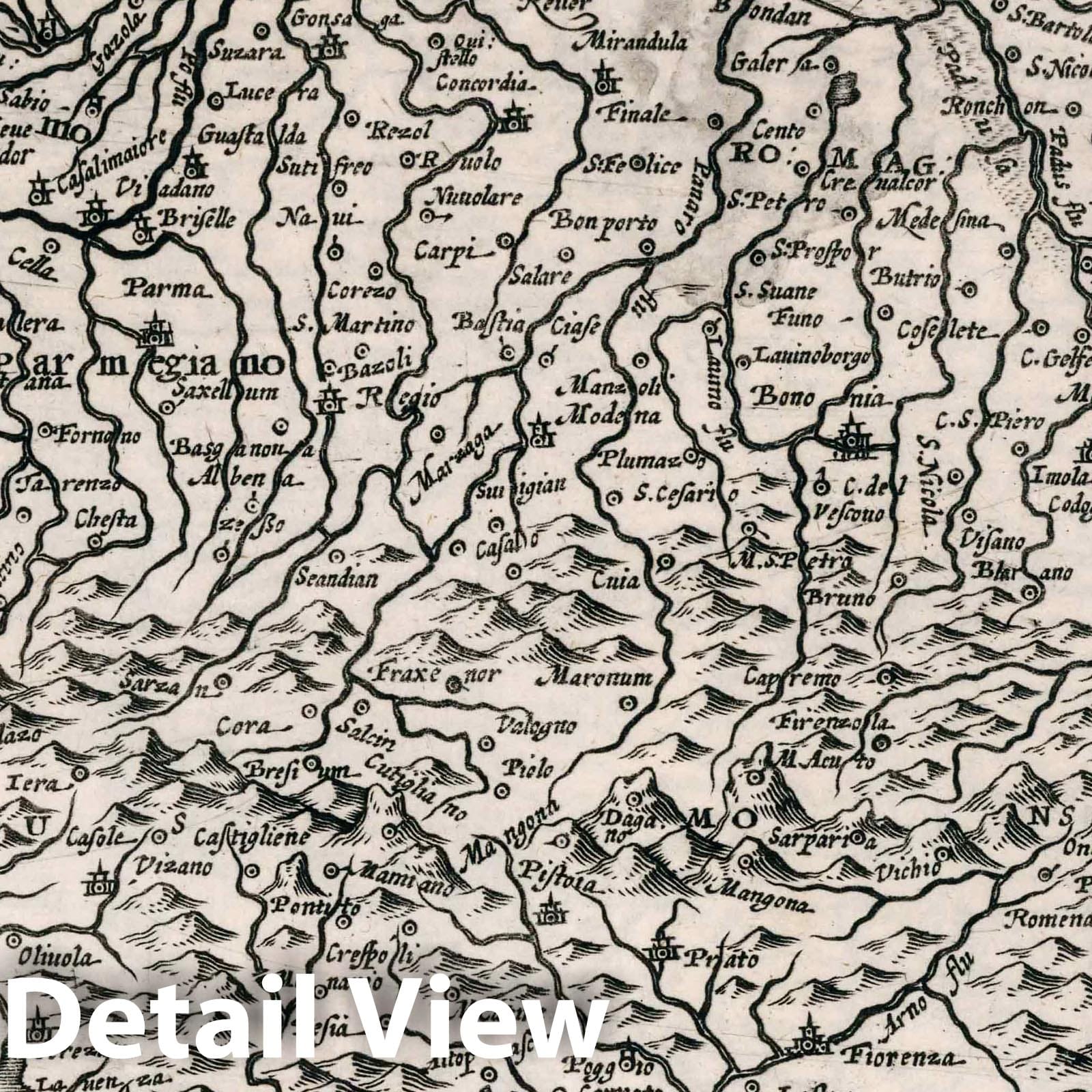 Romagna and Parma, Italy - River Map, 1636 - Historical Map Print
