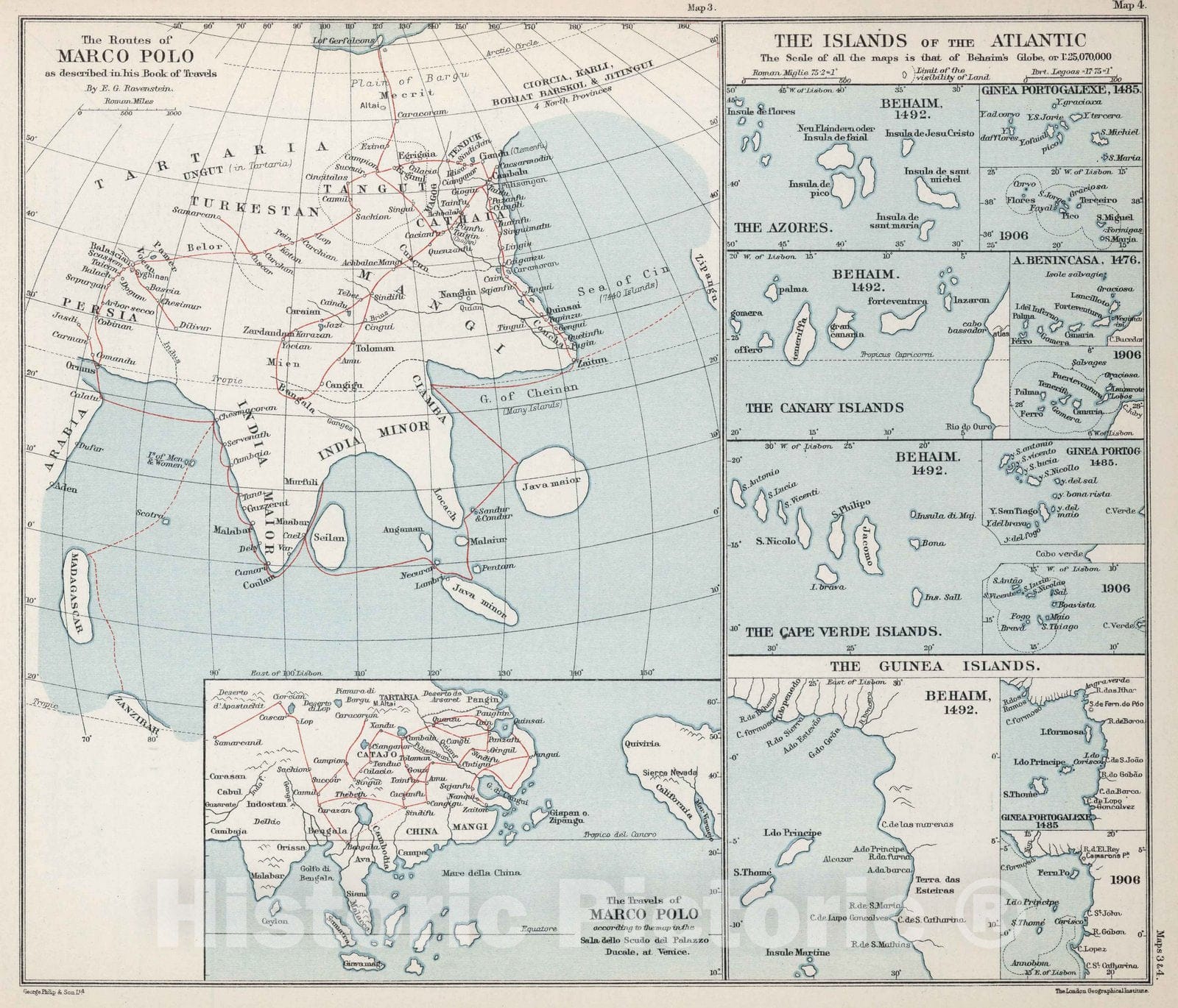 Historic Map : Map 3. The Routes of Marco Polo. Map 4. The Islands of the Atlantic, 1908 - Vintage Wall Art
