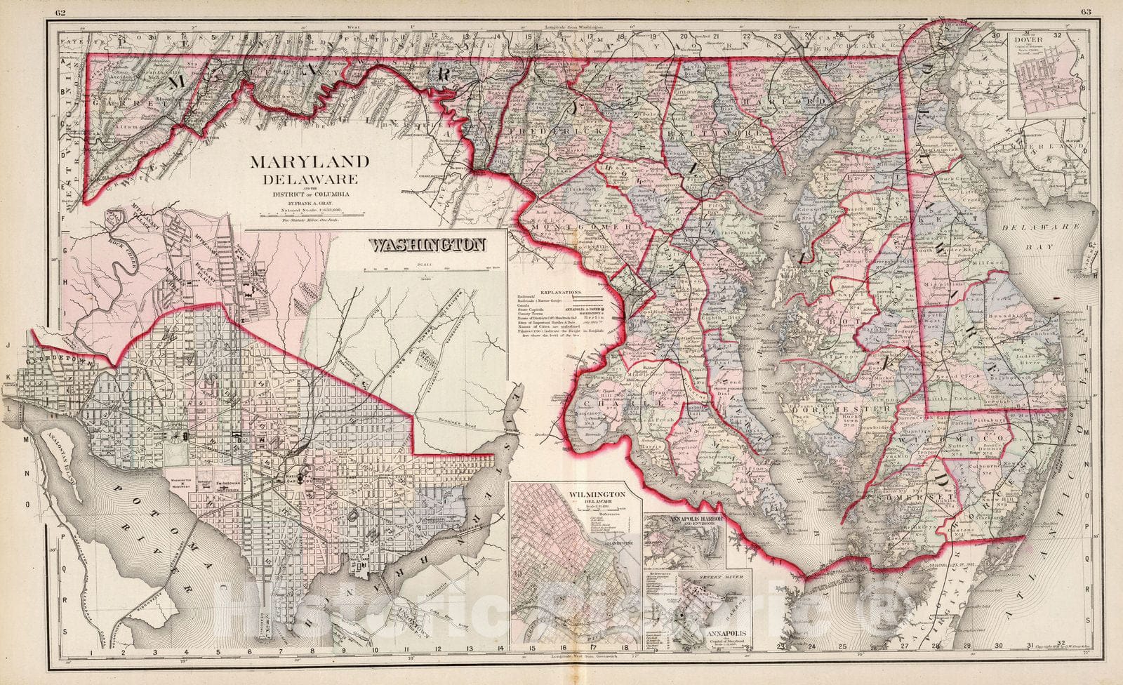 Historic Map : Maryland, Delaware and the District of Columbia. 1876 - Vintage Wall Art