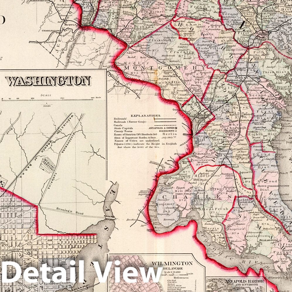 Maryland, Delaware & District of Columbia Railroad Map 1876 - Historical Map Print