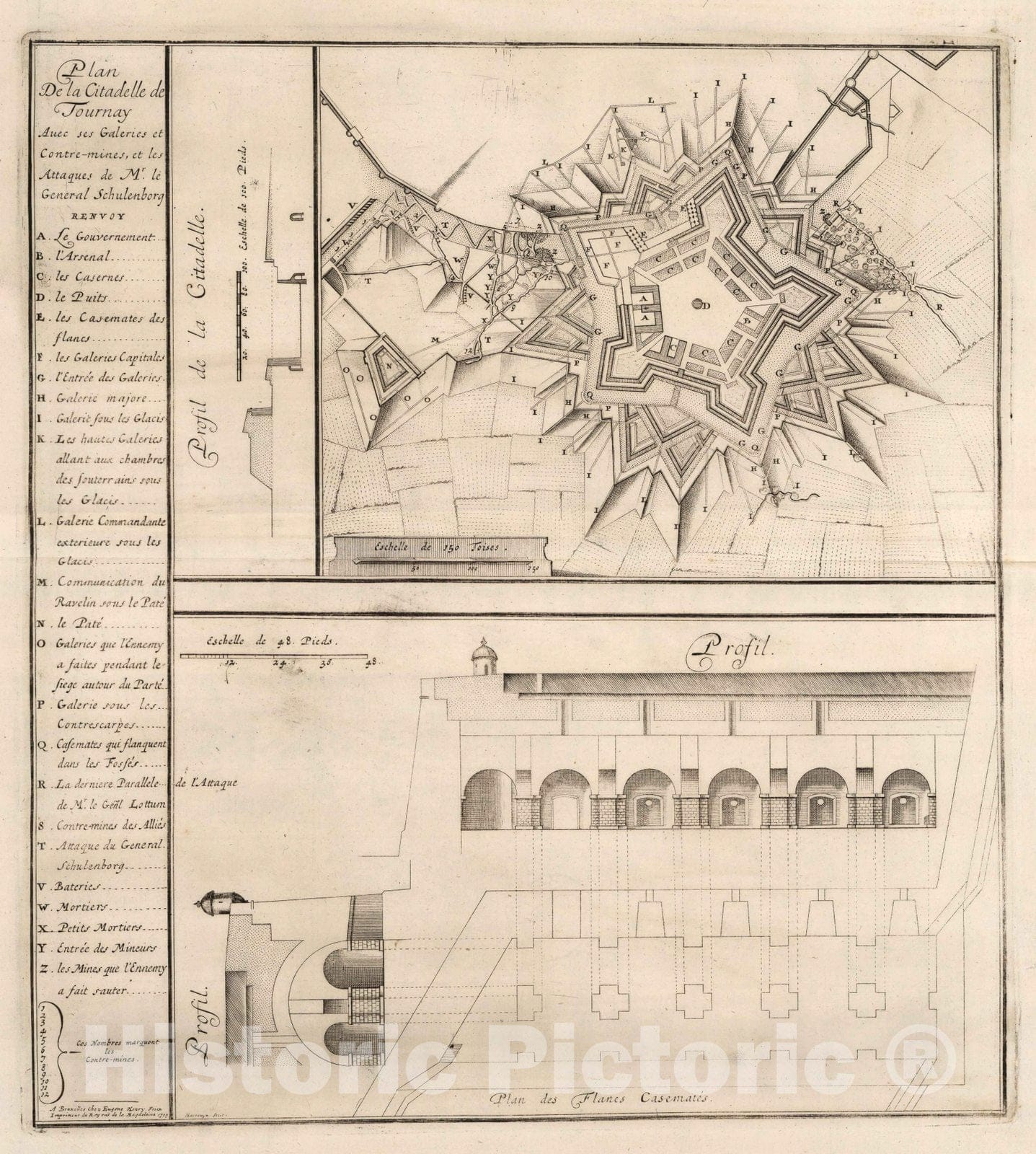 Historic Map : Tournai , Belgium43. La Citadelle de Tournay (Tournai, Belgium) & ses Souterrains avec les Attaques. 1709. 1709 , Vintage Wall Art