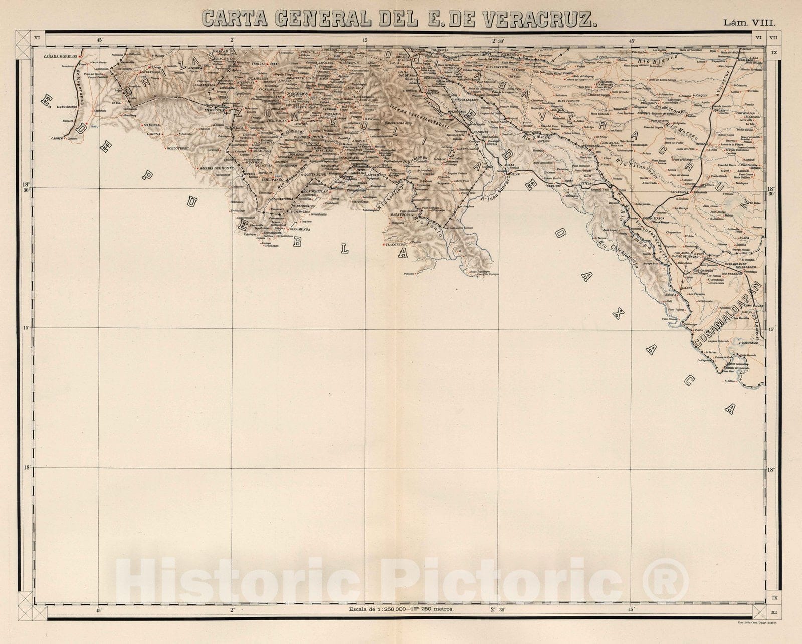 Historic Map : Veracruz (Mexico), State Atlas Map, Lam. VIII. Carte General de E. de Veracruz. 1905 , Vintage Wall Art