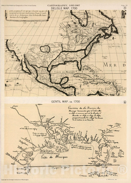 Historic Map : Plate 22. Facsimile Cartography 1492-1867. Delisle Map, 1700. Gentil Map, ca. 1700, 1700 - Vintage Wall Art