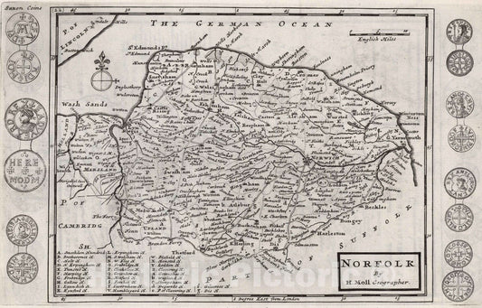 Historic Map : Norfolk. By H. Moll Geographer 1724 - Vintage Wall Art