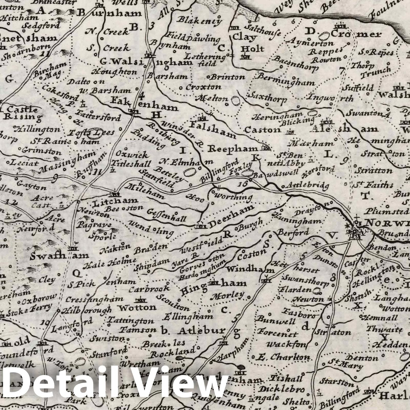 Norfolk, England - Road Map, 1724 - Herman Moll Historical Map Print