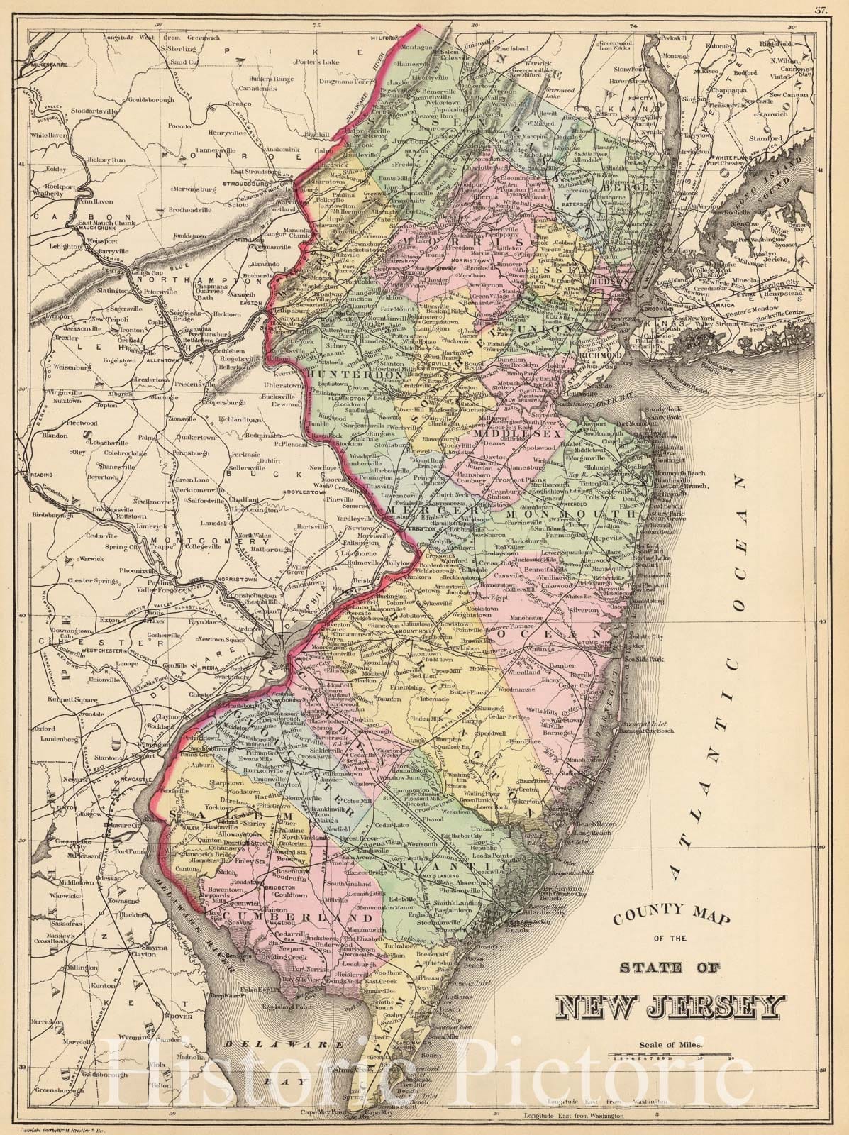 Historic Map : World Atlas Map, New Jersey. 1890 - Vintage Wall Art