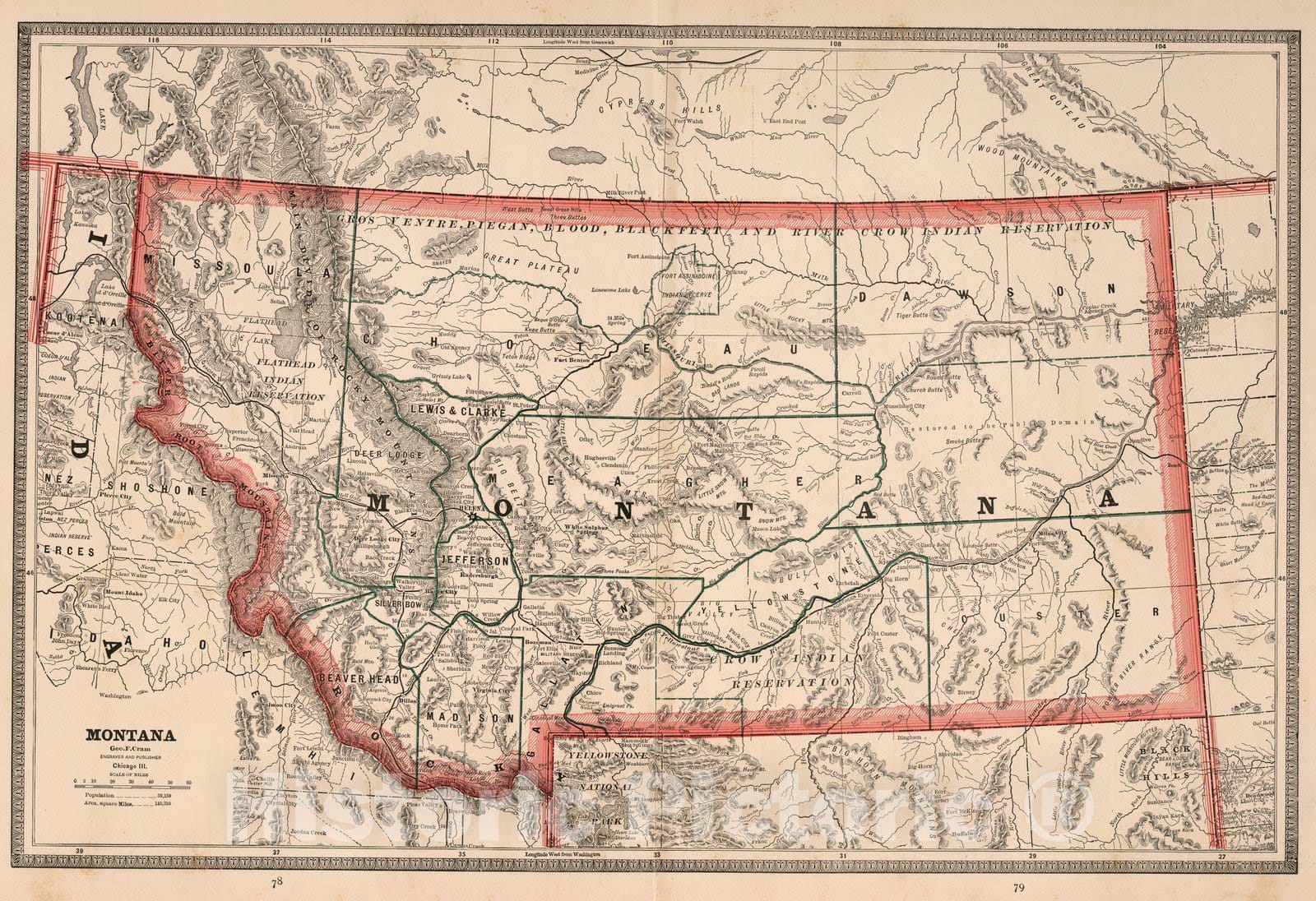 Historic Map : World Atlas Map, Montana. 1883 - Vintage Wall Art