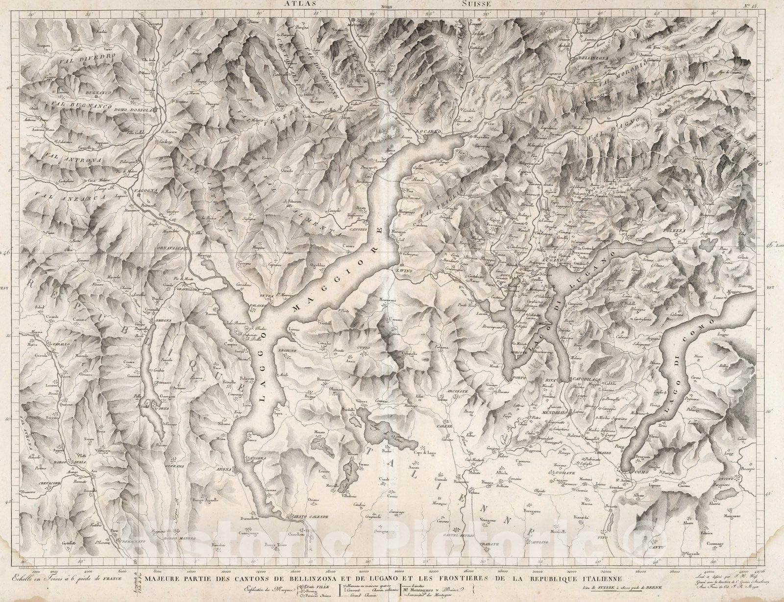 Historic Map : Switzerland, No. 15. Majeure Partie des Cantons de Bellinzona et de Lugano et les Frontieres de la Republiqe Italienne. 1802 , Vintage Wall Art