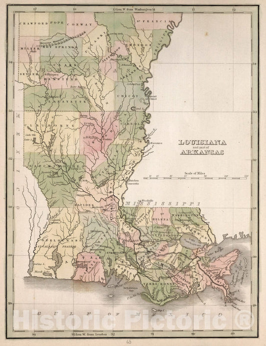 Historic Map : World Atlas Map, Louisiana and part of Arkansas 1838 - Vintage Wall Art