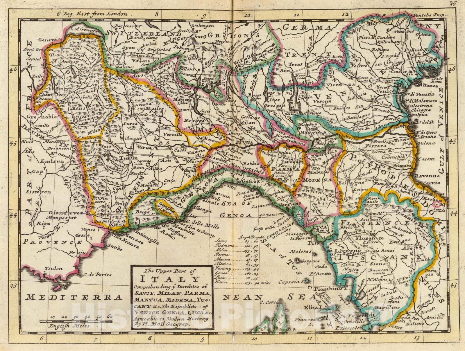 Historic Map : World Atlas Map, The upper part of Italy. 1736 - Vintage Wall Art