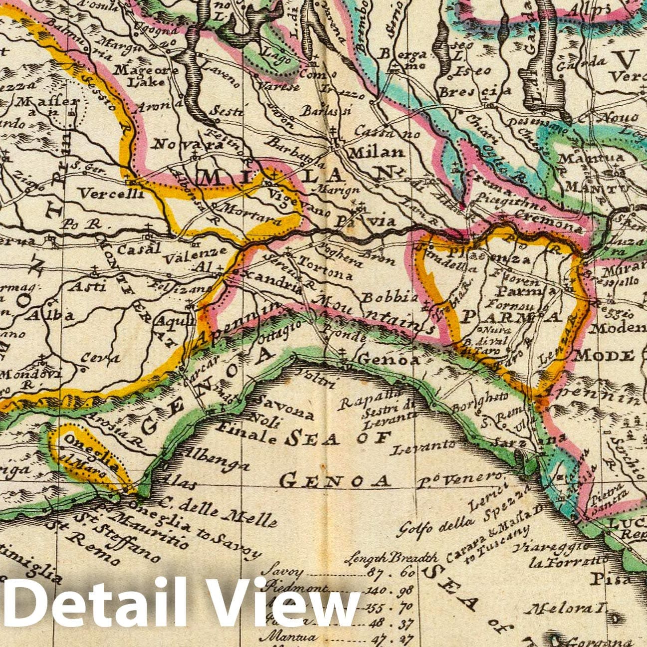 Upper Italy: Savoy, Milan, Parma, Mantua, Modena, Tuscany, Venice, Genoa, Lucca - 1736 Historical Map Print