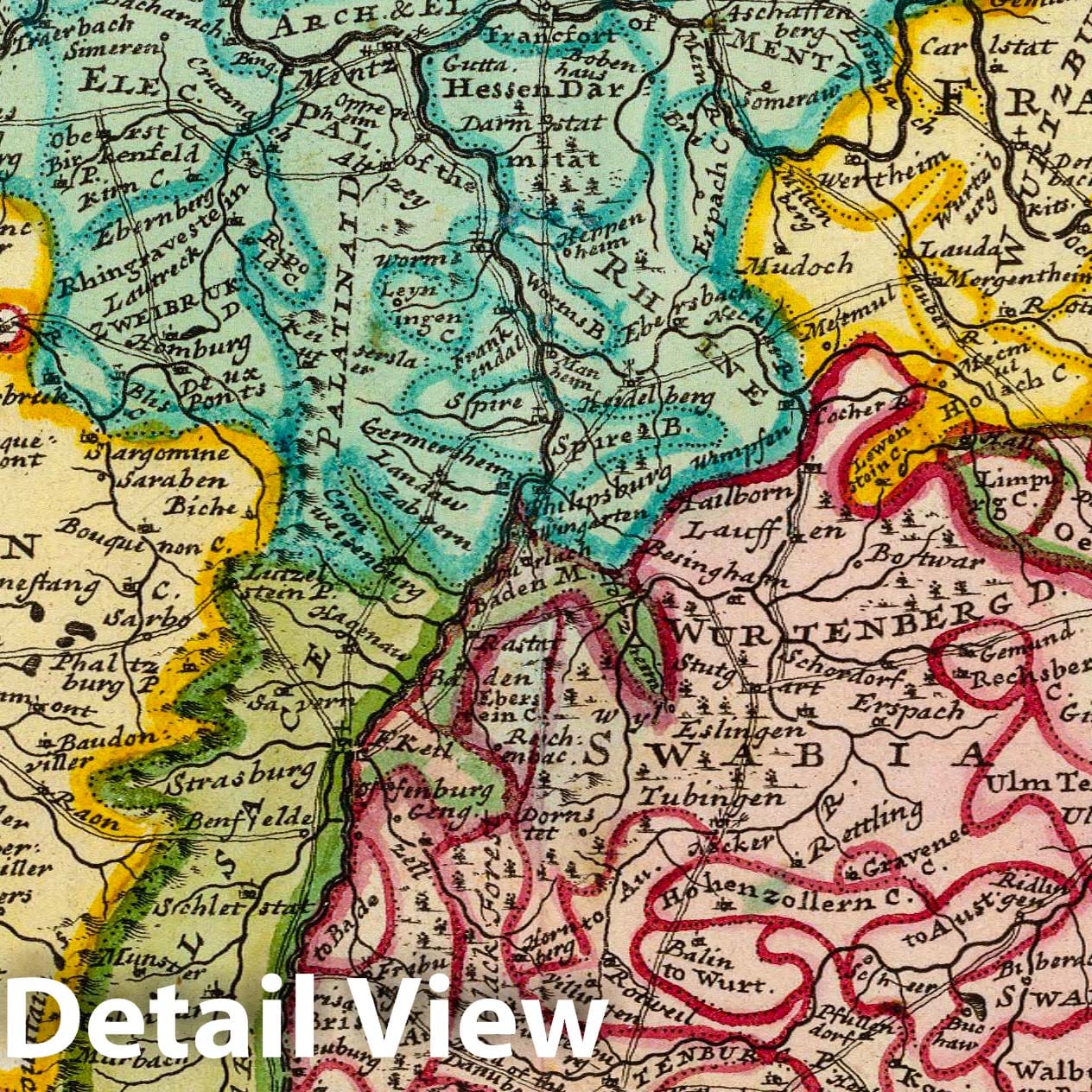 Southwestern Germany, Franconia, Swabia, Alsace & Lorraine - 1736 Historical Map Print
